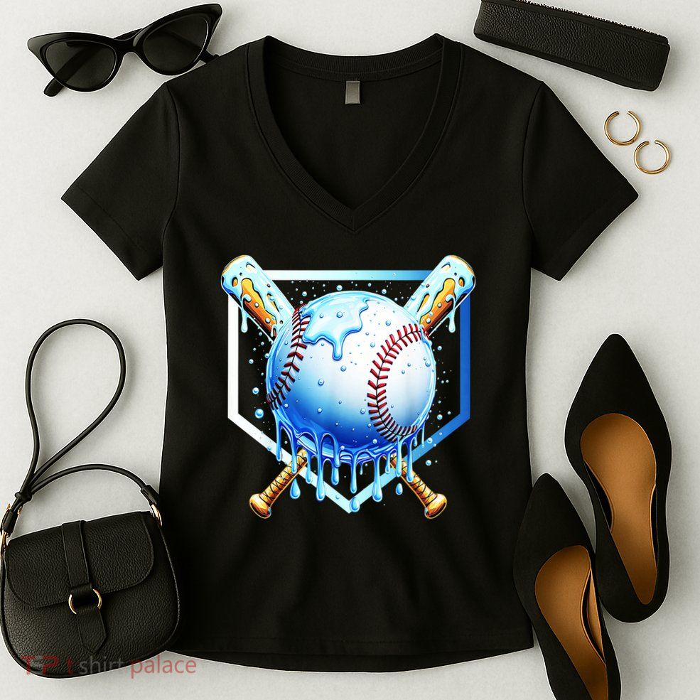 Baseball Home Plate Ice Cream Drip Sprinkles Drip Women's V-Neck T-Shirt