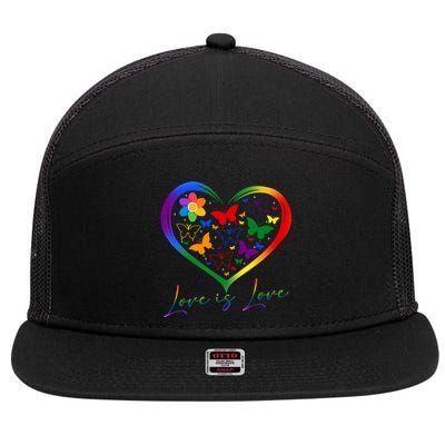 Butterfly Heart Rainbow Love Is Love Lgbt Lesbian Pride Gift 7 Panel Mesh Trucker Snapback Hat