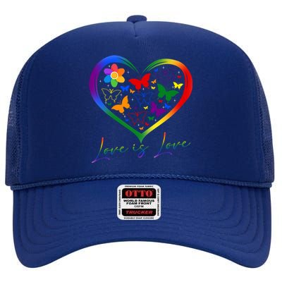 Butterfly Heart Rainbow Love Is Love Lgbt Lesbian Pride Gift High Crown Mesh Back Trucker Hat