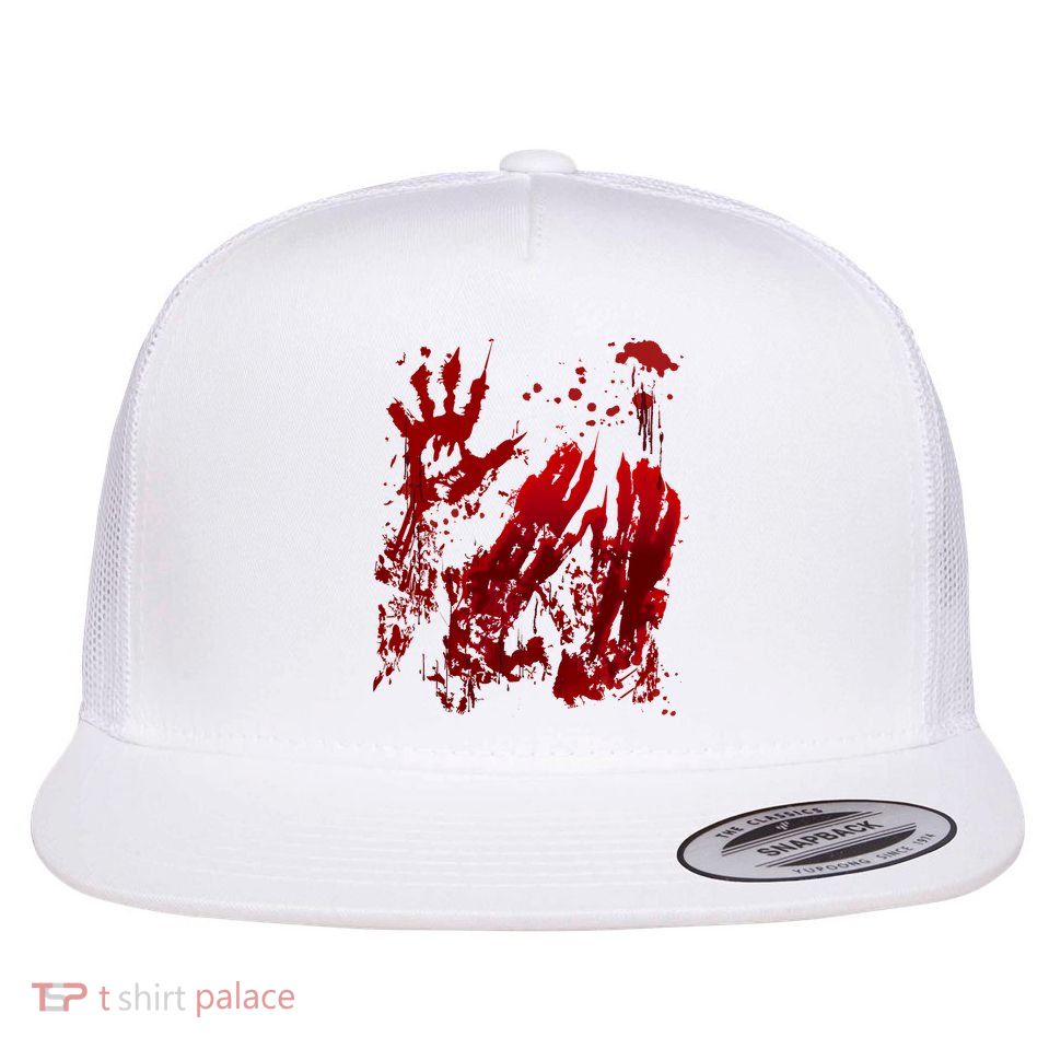 Bloody Handprint Red Hands Blood Splatter Zombie Outbreak Flat Bill Trucker Hat