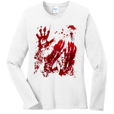 Bloody Handprint Red Hands Blood Splatter Zombie Outbreak Ladies Long Sleeve Shirt