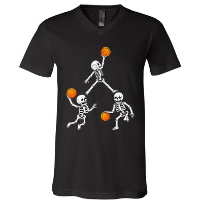 Basketball Halloween Skeleton Dunking Dribble V-Neck T-Shirt