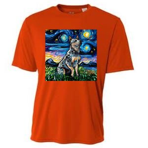 Blue Heeler Starry Night Australian Cattle Dog Art By Aja Cute Gift Cooling Performance Crew T-Shirt