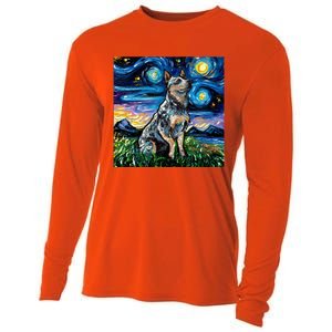 Blue Heeler Starry Night Australian Cattle Dog Art By Aja Cute Gift Cooling Performance Long Sleeve Crew