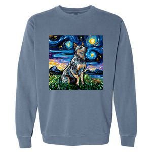 Blue Heeler Starry Night Australian Cattle Dog Art By Aja Cute Gift Garment-Dyed Sweatshirt