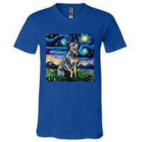 Blue Heeler Starry Night Australian Cattle Dog Art By Aja Cute Gift V-Neck T-Shirt