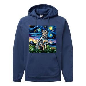 Blue Heeler Starry Night Australian Cattle Dog Art By Aja Cute Gift Performance Fleece Hoodie