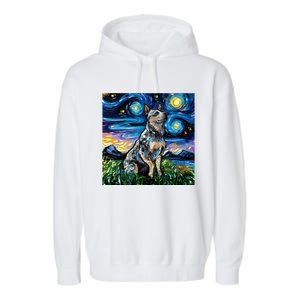 Blue Heeler Starry Night Australian Cattle Dog Art By Aja Cute Gift Garment-Dyed Fleece Hoodie