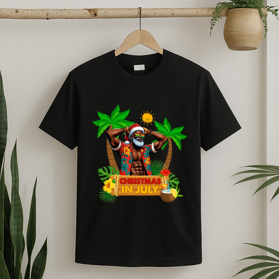Black Hawaiian Santa Sunglasses Christmas In July Summer T-Shirt