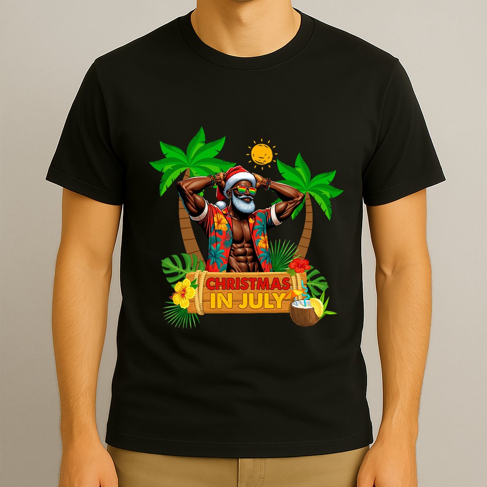Black Hawaiian Santa Sunglasses Christmas In July Summer T-Shirt