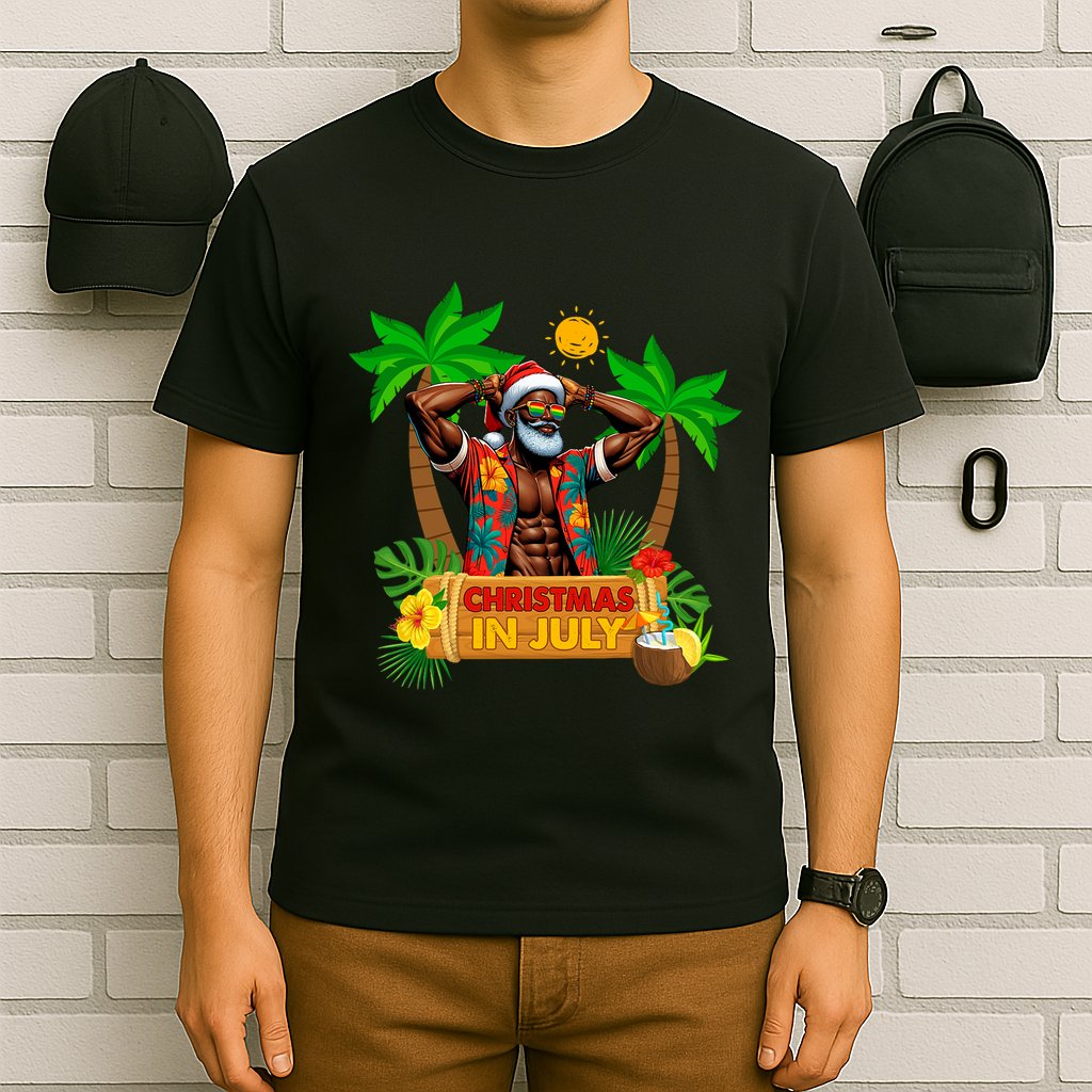 Black Hawaiian Santa Sunglasses Christmas In July Summer T-Shirt
