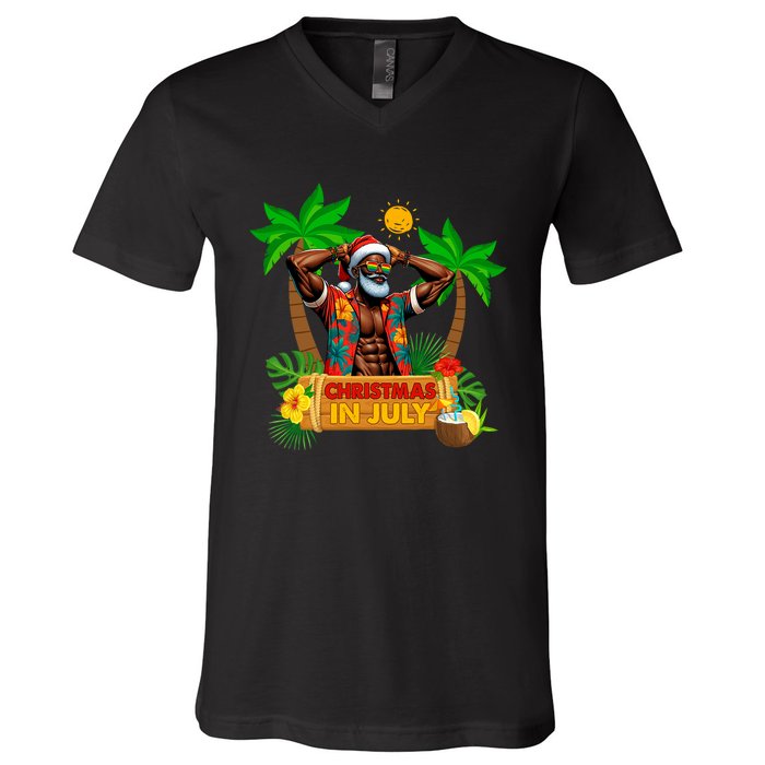 Black Hawaiian Santa Sunglasses Christmas In July Summer V-Neck T-Shirt