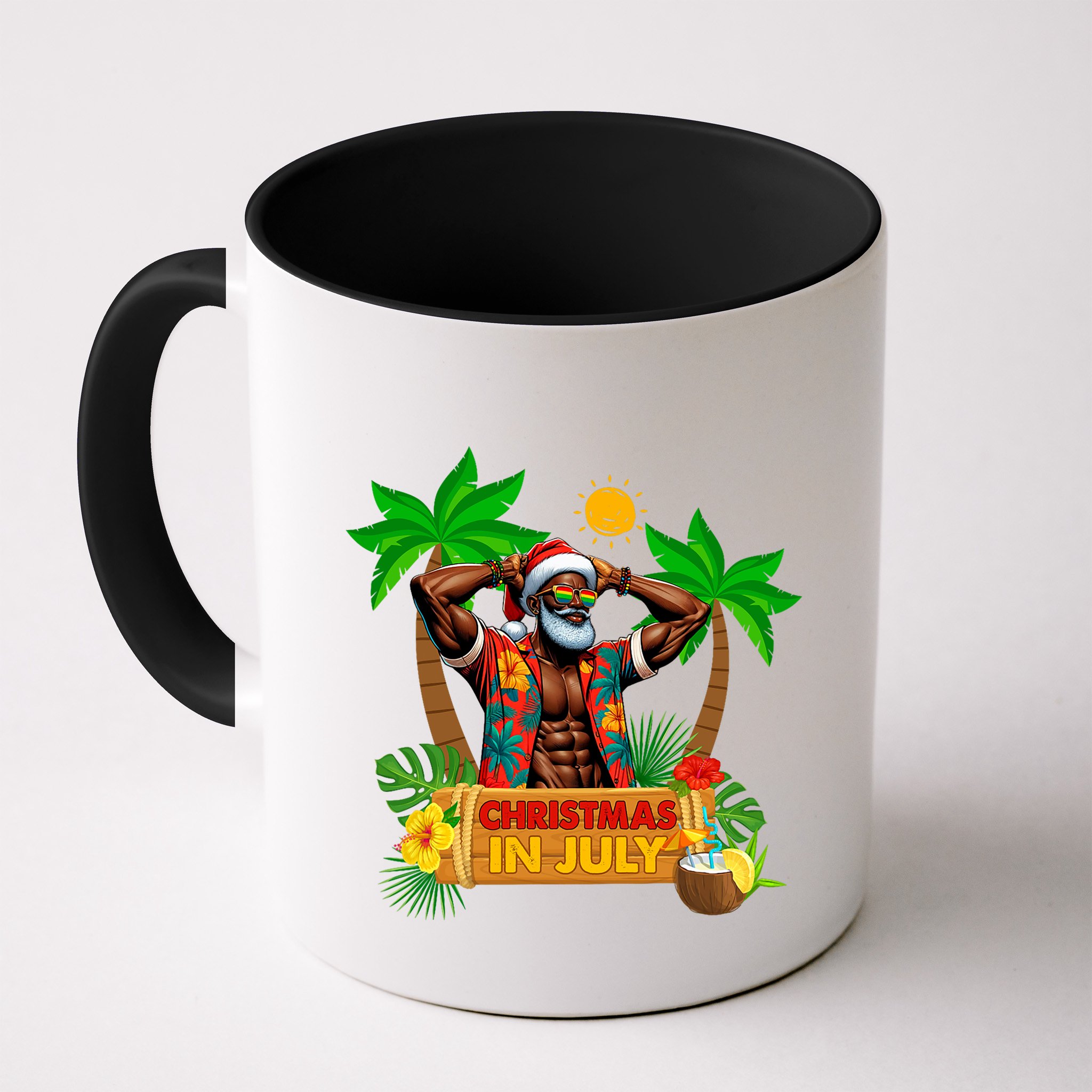 Black Hawaiian Santa Sunglasses Christmas In July Summer Mug
