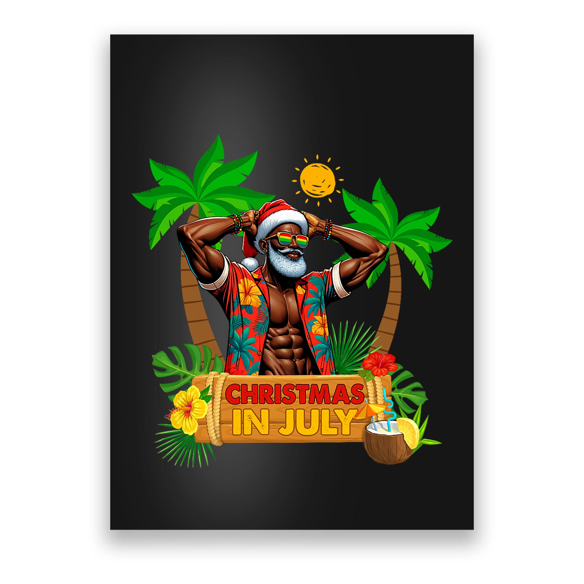 Black Hawaiian Santa Sunglasses Christmas In July Summer Poster