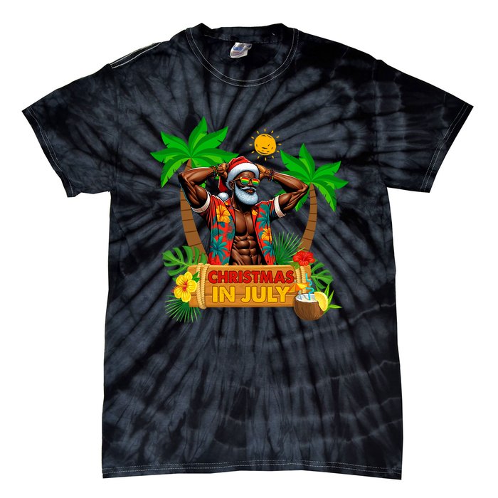 Black Hawaiian Santa Sunglasses Christmas In July Summer Tie-Dye T-Shirt