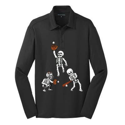 Baseball Halloween Skeletons Hitter Catcher Boy Silk Touch Performance Long Sleeve Polo