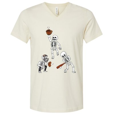 Baseball Halloween Skeletons Hitter Catcher Boy V-Neck T-Shirt