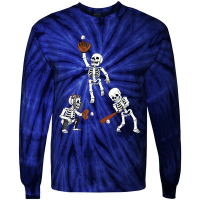 Baseball Halloween Skeletons Hitter Catcher Boy Tie-Dye Long Sleeve Shirt