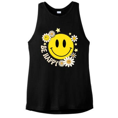 Be Happy Smile Face Retro Groovy Daisy Flower 70s Ladies PosiCharge Tri-Blend Wicking Tank