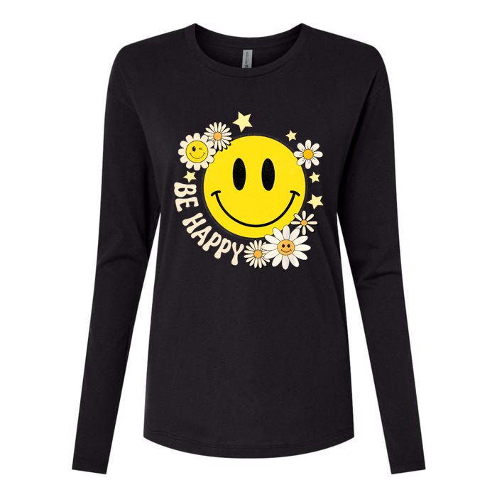 Be Happy Smile Face Retro Groovy Daisy Flower 70s Womens Cotton Relaxed Long Sleeve T-Shirt