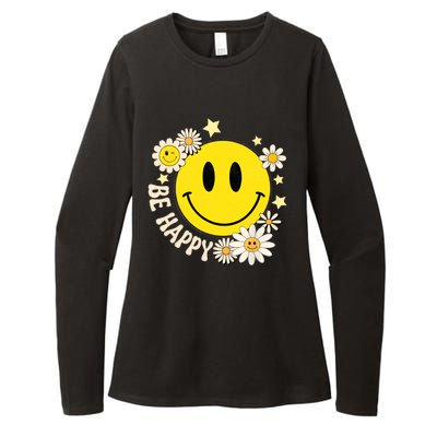 Be Happy Smile Face Retro Groovy Daisy Flower 70s Womens CVC Long Sleeve Shirt