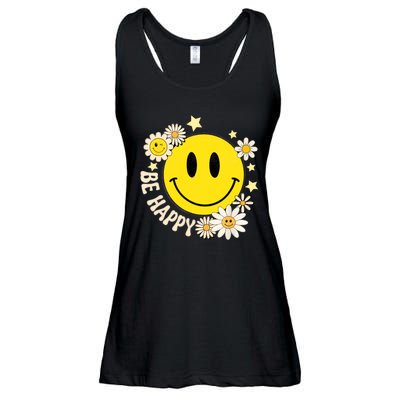 Be Happy Smile Face Retro Groovy Daisy Flower 70s Ladies Essential Flowy Tank