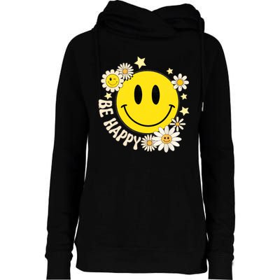 Be Happy Smile Face Retro Groovy Daisy Flower 70s Womens Funnel Neck Pullover Hood