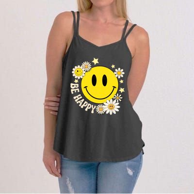 Be Happy Smile Face Retro Groovy Daisy Flower 70s Women's Strappy Tank