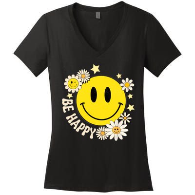 Be Happy Smile Face Retro Groovy Daisy Flower 70s Women's V-Neck T-Shirt