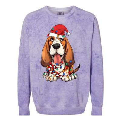 Basset Hound Santa Christmas Lights Dog Lover Xmas Pajama  Colorblast Crewneck Sweatshirt