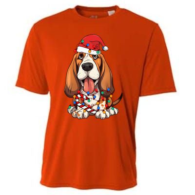 Basset Hound Santa Christmas Lights Dog Lover Xmas Pajama  Cooling Performance Crew T-Shirt