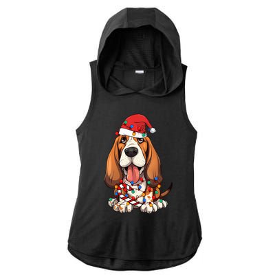 Basset Hound Santa Christmas Lights Dog Lover Xmas Pajama  Ladies PosiCharge Tri-Blend Wicking Draft Hoodie Tank