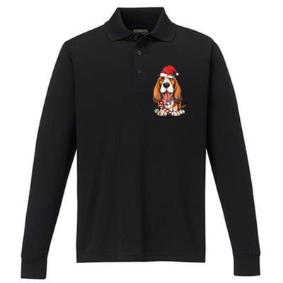 Basset Hound Santa Christmas Lights Dog Lover Xmas Pajama  Performance Long Sleeve Polo