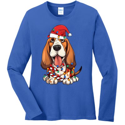 Basset Hound Santa Christmas Lights Dog Lover Xmas Pajama  Ladies Long Sleeve Shirt