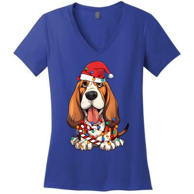 Basset Hound Santa Christmas Lights Dog Lover Xmas Pajama  Women's V-Neck T-Shirt