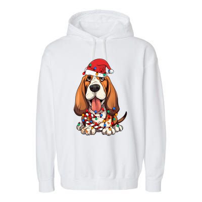 Basset Hound Santa Christmas Lights Dog Lover Xmas Pajama  Garment-Dyed Fleece Hoodie