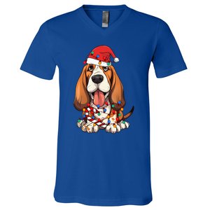 Basset Hound Santa Christmas Lights Dog Lover Xmas Pajama  V-Neck T-Shirt