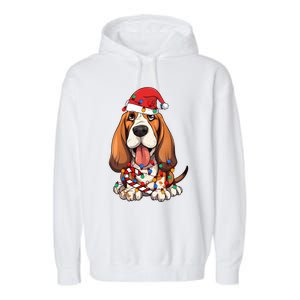 Basset Hound Santa Christmas Lights Dog Lover Xmas Pajama  Garment-Dyed Fleece Hoodie