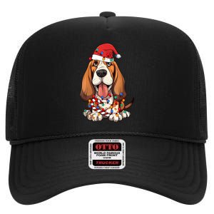 Basset Hound Santa Christmas Lights Dog Lover Xmas Pajama High Crown Mesh Back Trucker Hat