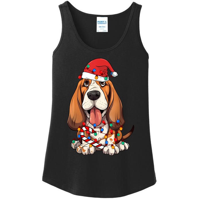 Basset Hound Santa Christmas Lights Dog Lover Xmas Pajama Ladies Essential Tank