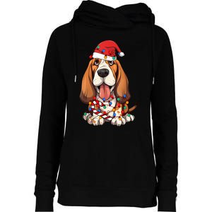 Basset Hound Santa Christmas Lights Dog Lover Xmas Pajama Womens Funnel Neck Pullover Hood