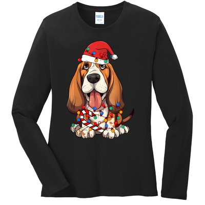 Basset Hound Santa Christmas Lights Dog Lover Xmas Pajama Ladies Long Sleeve Shirt