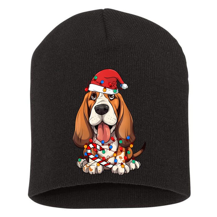 Basset Hound Santa Christmas Lights Dog Lover Xmas Pajama Short Acrylic Beanie