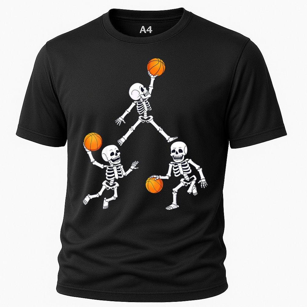 Basketball Halloween Skeleton Dunking Dribble Boys Teen Cooling Performance Crew T-Shirt