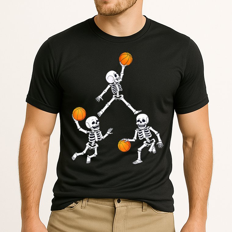 Basketball Halloween Skeleton Dunking Dribble Boys Teen Cooling Performance Crew T-Shirt