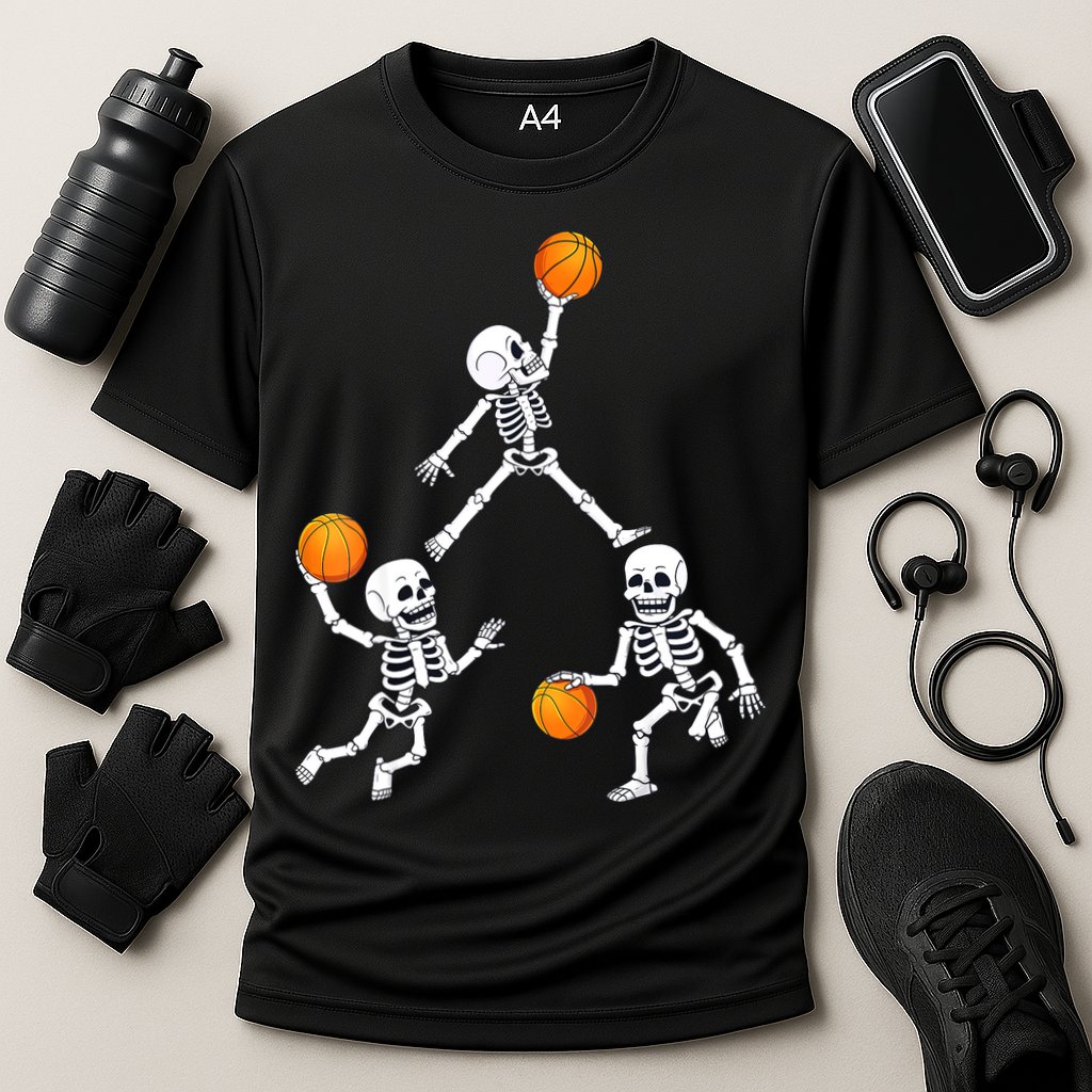 Basketball Halloween Skeleton Dunking Dribble Boys Teen Cooling Performance Crew T-Shirt