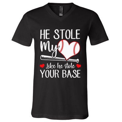 Baseball He Stole My Heart Like He Stole Your Base V-Neck T-Shirt