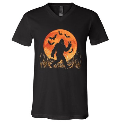 Bigfoot Halloween Trick Or Treat Rock On Sasquatch Graphic V-Neck T-Shirt