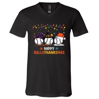 Baseball Halloween Thanksgiving Christmas Hallothanksmas V-Neck T-Shirt