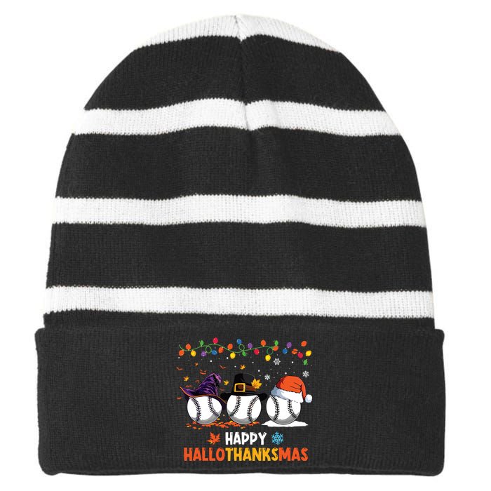 Baseball Halloween Thanksgiving Christmas Hallothanksmas Striped Beanie with Solid Band